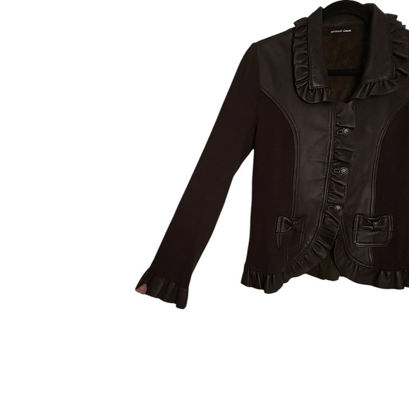 Michael Simon chocolate Brown Lamb Leather/Sweater Long Sleeve Jacket Ruffle S - Picture 3 of 13